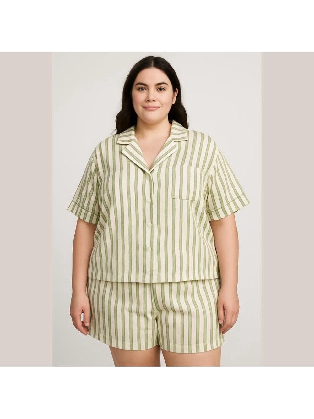 Princess Polly Striped Pajama Shorts Set Size 16 Green and White